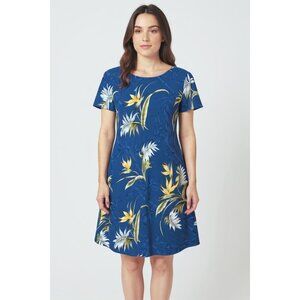 Paradise Found Hawaiian Tropical Mini Dress M Floral Blue Multi Vintage EUC